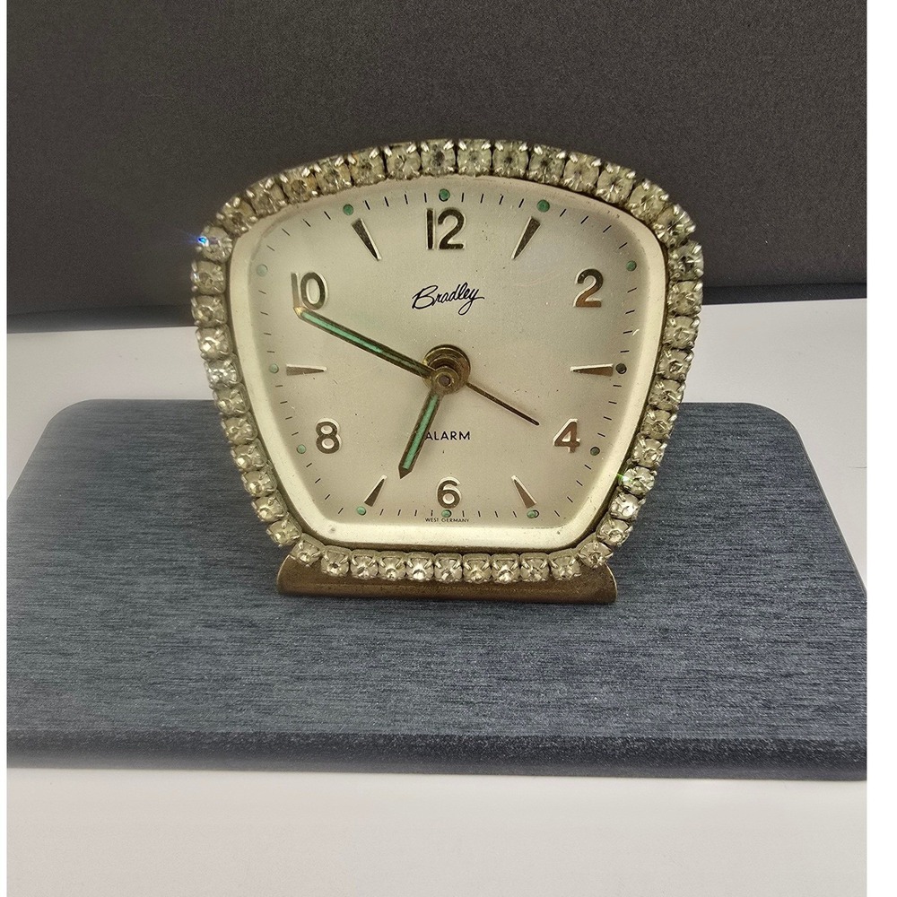 Vintage Bradley Alarm Clock Gold Tone Rhinestone Bezel West Germany 2.5in